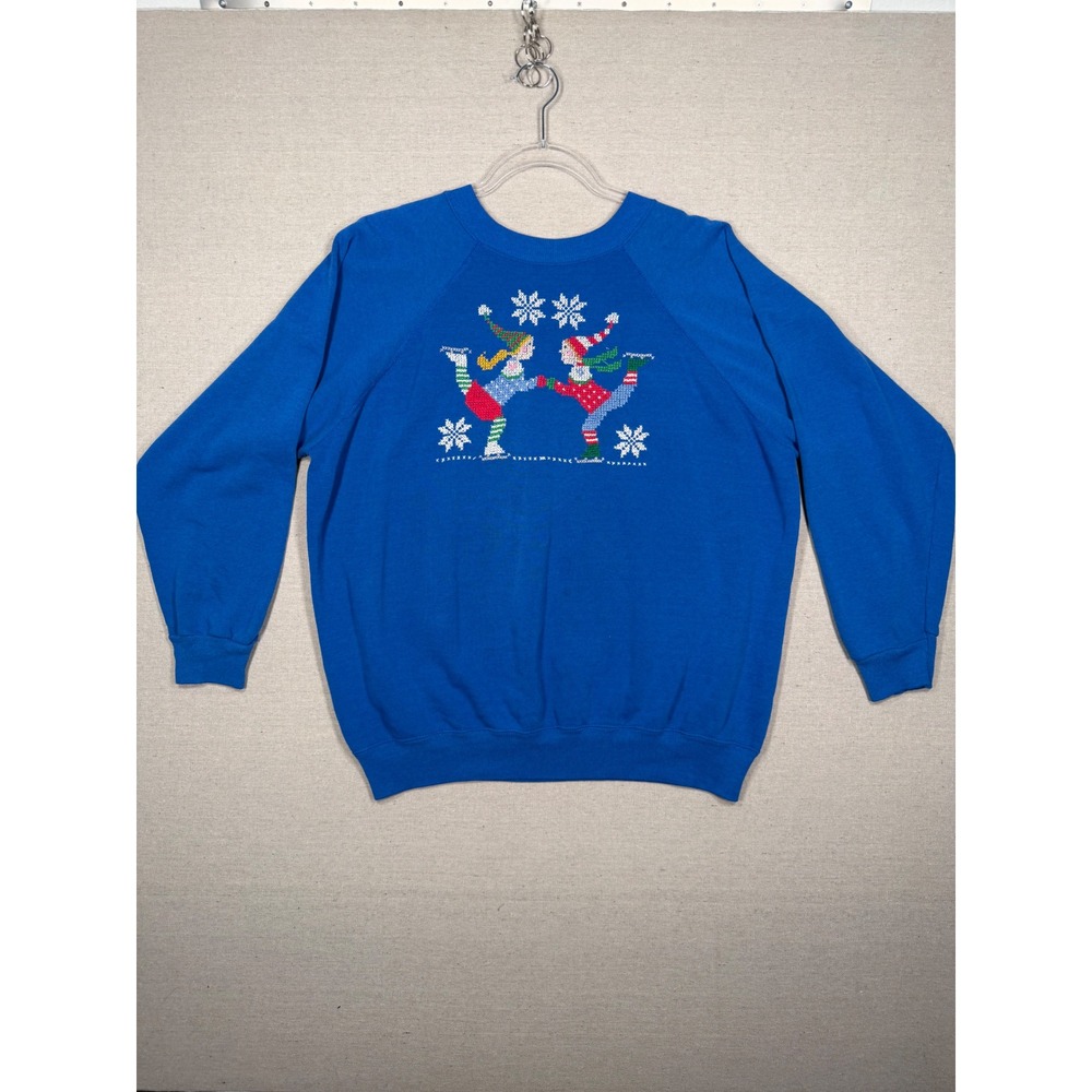 Vintage Hanes Her Way Royal Blue Ice Skaters Sweatshirt XL Made in USA Raglan